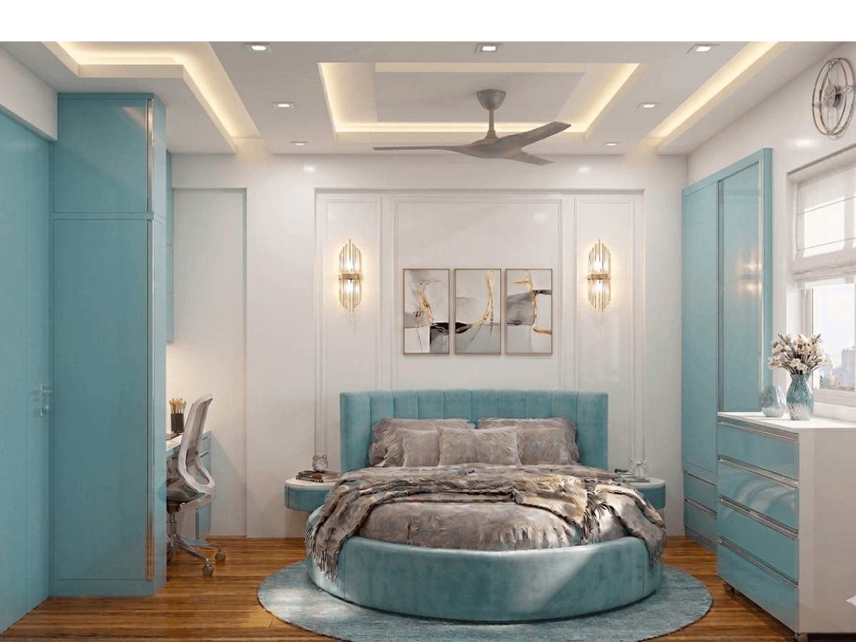 Premium bedroom interior design with blue theme by VTC Interiorr Bangalore