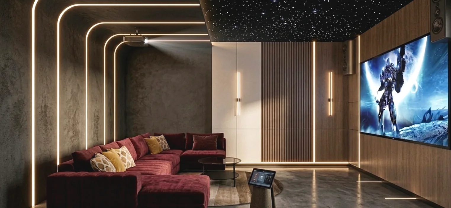 Architectural visualisation of a private cinema room at Bodhi Villas