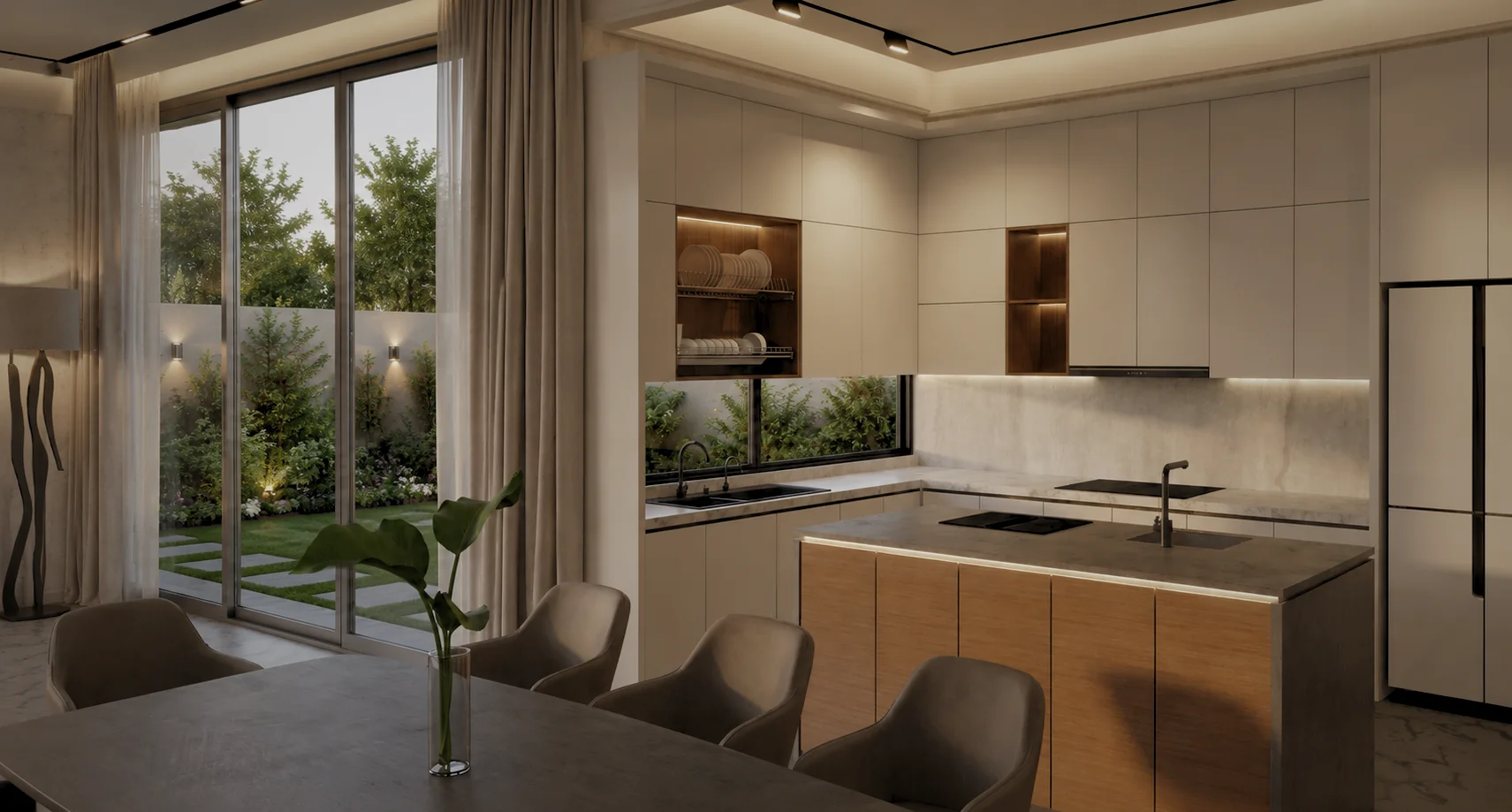 Architectural visualisation of the open dining and kitchen area at Bodhi Villas